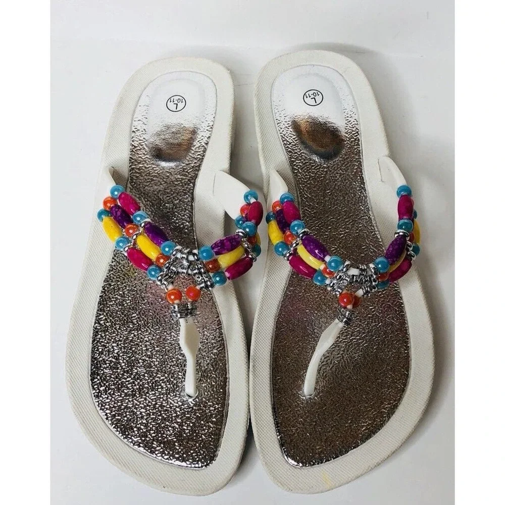 Womens White Rubber Colorful Beaded Thong Waterproof Flip‎ Flop Sandals L 10/11